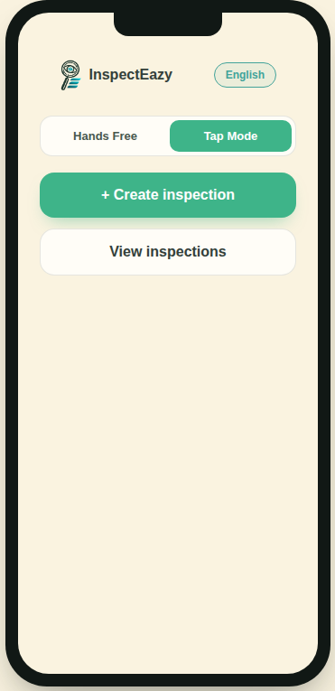 InspectEazy app home screen in tap mode